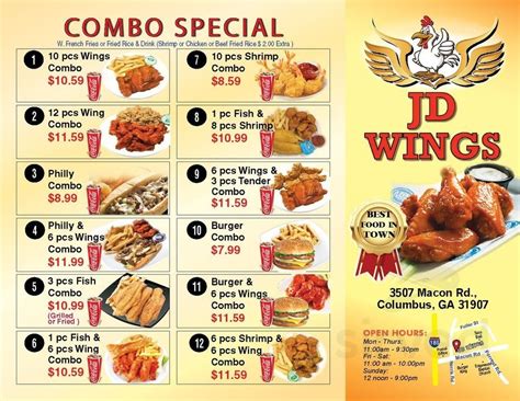 Jd wings - Welcome to JD WINGS, Columbus GA's premier Fast Food Restaurant! Our mouthwatering menu is packed with an array of delicious dishes guaranteed to satisfy your cravings. From our signature wings to our savory sides, we've got something for everyone. Don't miss out on the chance to experience the best flavors in town. Place your online order now and let …